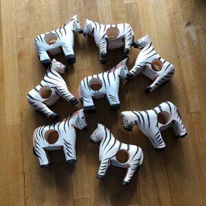 Set of 8 Wooden Napkin Ring Holders Zebra Hand Crafted Painted Vintage